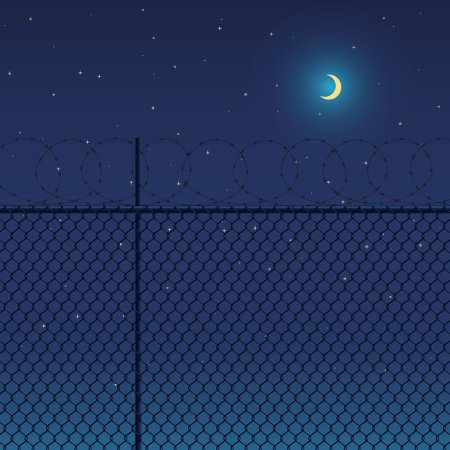 Metal Fence With Barbed Wire Against the Background of the Night Sky with the Moon and Starsのイラスト素材