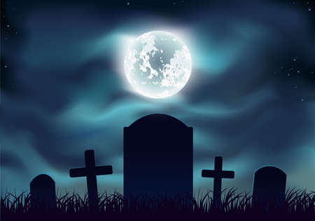 Graveyard at night. Sinister. Memorial park or crypts graveyard. Halloween landscape with gravestones.のイラスト素材