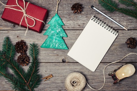 Christmas decoration on wooden table with copy space