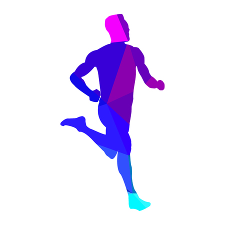 Silhouette of a running athlete in triangulations of different colors: blue, bright blue, purple in the style of "Double Exposition"のイラスト素材