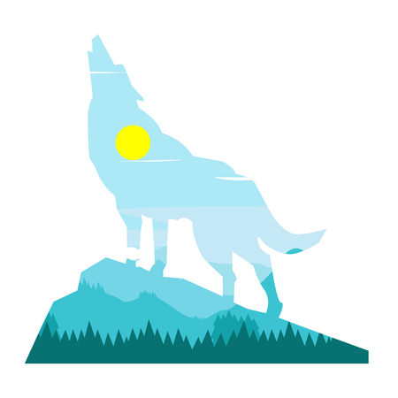 A double exposition, on which there is a wolf, inside which a landscape of mountains with a forest of blue huesのイラスト素材