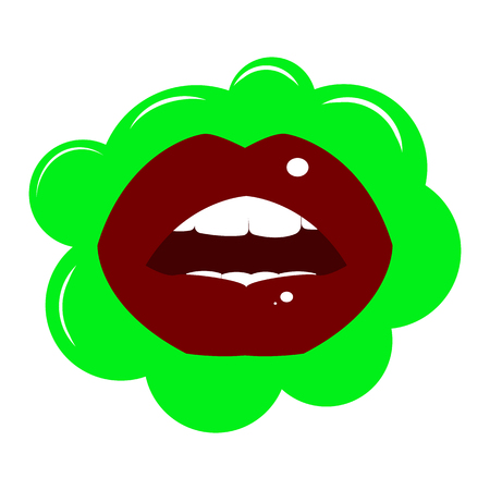 Lips dark red with a glint of light on a green background of bubbles with a glint of lightのイラスト素材