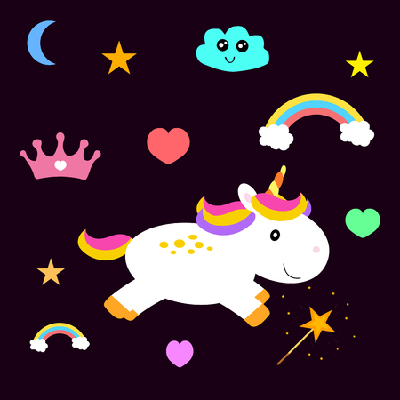Illustration for children with: ponies, stars, hearts, magic wand, clouds, rainbow and crown on a dark purple backgroundのイラスト素材