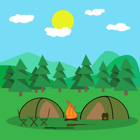 A camp near a forest in which there are two tents, a table, chairs, a backpack, a fishing pole and a hunting gun, in the background forest, mountains, clouds and sunのイラスト素材