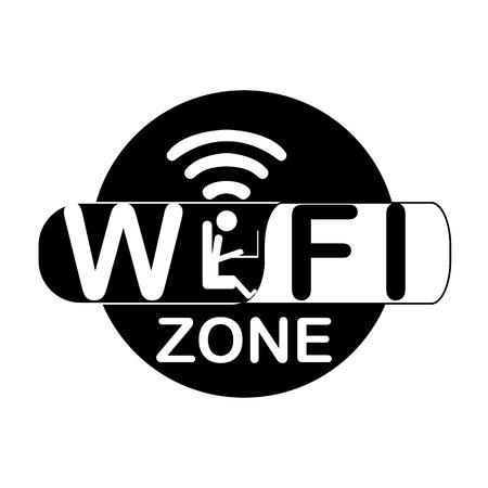 The inscription "WI FI", only instead of the letter "I", and the small person sitting behind the laptop on a chairのイラスト素材