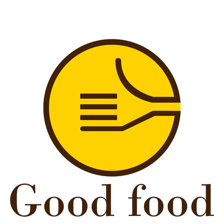Good logo design. Vector color hand, as an illustration background. Graphic symbol for a fork icon for a cafe, restaurant, culinary business, catering, emblem, badge in a circleのイラスト素材