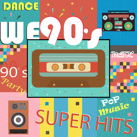 Retro-style club, background, fashion, pop music of the 90s and 80s, the old night. Easy editable design for Memphis posters.の写真素材