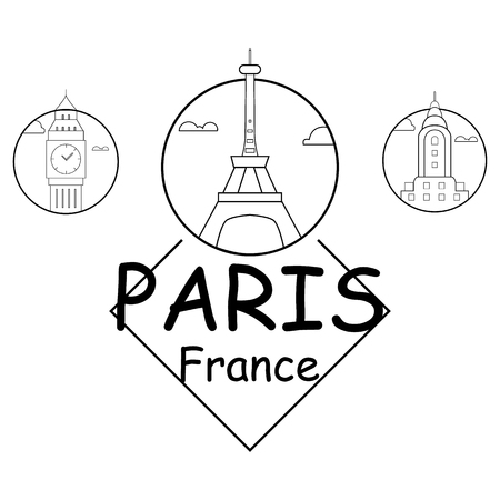 Beautiful buildings isolated on white background in circles with the inscription "Paris", "France" .In the illustration there is the Elfill tower and Big Benのイラスト素材