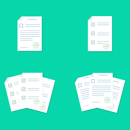 Survey or exam form paper sheets pile with answers quiz checklist and success result assessment, idea of education, questionnaire, document vector illustration flat styleのイラスト素材
