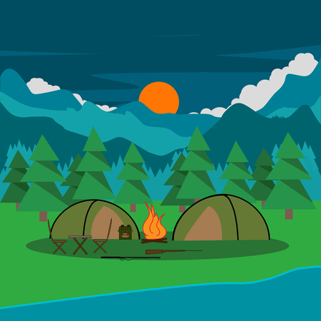 Camp at night near the forest and the river, in the camp there are two tents, a table, chairs, a backpack, a fishing rod and a hunting rifle, in the background forest, mountains, clouds and sunのイラスト素材