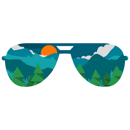 Illustration in the style of the "Double Exposition", which has nature: mountains, sun, trees, clouds and all this in the form of sunglassesのイラスト素材