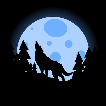 Silhouette of wolf howling at the full moon vector illustration. Pagan totem, wiccan familiar spirit art.のイラスト素材