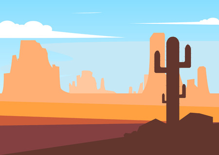 Cartoon desert. Cactuse and mountains in desert landscape, background scene with stones and sand. Flat cartoon vector illustrationのイラスト素材