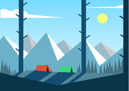 A forest landscape with mountains and two tents on a hill. Vector illustration. Camping and tourismのイラスト素材