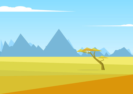 African vector landscape with mountains and a tree standing in the middle of the savannah and mountains in the distance. Acacia and in the field of savanna illustration. The nature of Africa.のイラスト素材