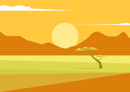 African vector landscape with mountains and a tree standing in the middle of the savannah and mountains in the distance. Acacia and in the field of savanna illustration. The nature of Africa.のイラスト素材