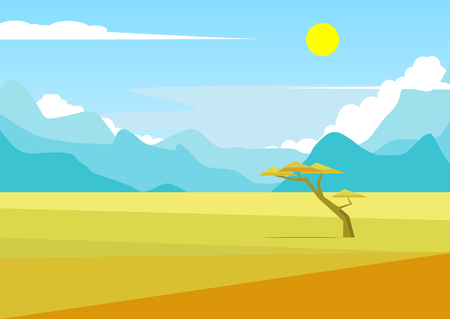 African  landscape with mountains and a tree standing in the middle of the savannah and mountains in the distance. Acacia and in the field of savanna illustration. The nature of Africa.の写真素材