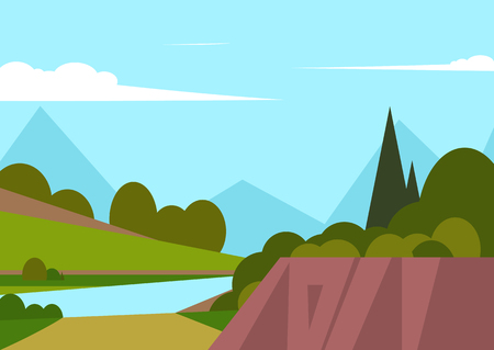 Vector illustration of beautiful landscape fields with river and mountains, green hills, bright colors of blue sky, background in cartoon style.のイラスト素材