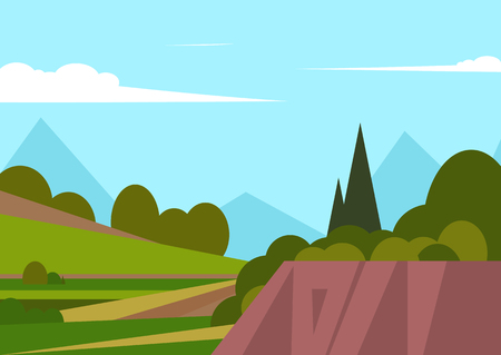 Vector illustration of beautiful landscape fields with mountains, green hills, bright colors of blue sky, background in cartoon style.のイラスト素材