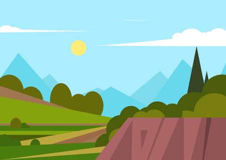 Vector illustration of beautiful landscape fields with mountains, green hills, bright colors of blue sky, background in cartoon style.のイラスト素材