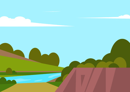 Vector illustration of beautiful landscape fields with river, green hills, bright colors of blue sky, background in cartoon style.のイラスト素材