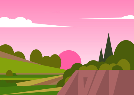 Vector illustration of beautiful landscape fields with mountains and sunset, green hills, bright colors of blue sky, background in cartoon style.のイラスト素材