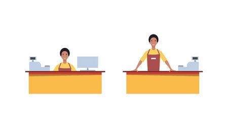 A set of cashiers / shop assistants or cafe / diner workers. Working staff. Flat style. Vector illustration.の写真素材