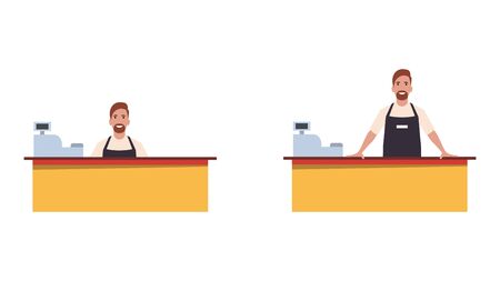 A set of cashiers / shop assistants or cafe / diner workers. Working staff. Flat style. Vector illustration.のイラスト素材