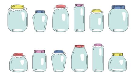 Set of Glass Jars for canning and preserving. Vector Illustration isolated on transparent background.のイラスト素材