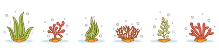 Set of cartoon underwater plants and creatures. Vector isolated corals and algae.のイラスト素材