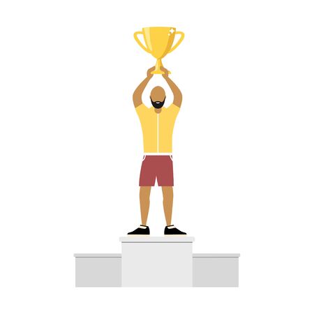 Winner athlete. A man stands on a pedestal with a cup in his hands. Flat style.のイラスト素材