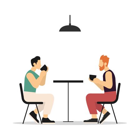 People in a cafe or restaurant are sitting at the table. Talking with drinks. Flat style. Vector illustrationのイラスト素材