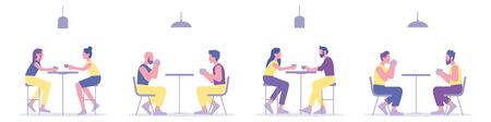People in a cafe or restaurant are sitting at the table. Talking with drinks. Flat style. Vector illustrationのイラスト素材
