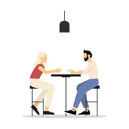 People in a cafe or restaurant are sitting at the table. Talking with drinks. Flat style. Vector illustrationのイラスト素材