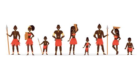 Set of african people. Wild tribes in traditional tribal clothing. People of ethnicity. Flat style. Vector illustrationのイラスト素材