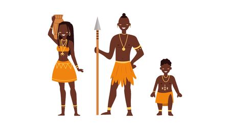 Set of african people. Wild tribes in traditional tribal clothing. People of ethnicity. Flat style. Vector illustrationのイラスト素材