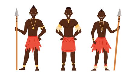 Set of african people. Wild tribes in traditional tribal clothing. People of ethnicity. Flat style. Vector illustrationのイラスト素材