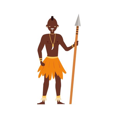 African man. Wild tribes in traditional tribal clothing. People of ethnicity. Flat style. Vector illustrationのイラスト素材