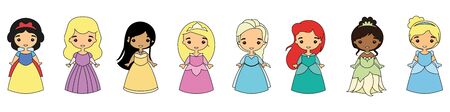 Set of princesses in beautiful dresses. Fairy-tale characters. Lovely young girls. Flat style. Vector illustrationのイラスト素材