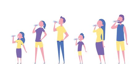 Set of people drinking water. Enjoying drinking water. Flat style. Vector illustrationのイラスト素材