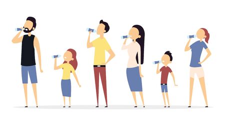 Set of people drinking water. Enjoying drinking water. Flat style. Vector illustrationのイラスト素材