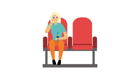 A woman is sitting in a movie theater. The viewer in 3D glasses is watching a movie. Flat style. Vector illustrationのイラスト素材