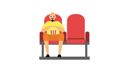 A man sits in a movie theater. The viewer in 3D glasses is watching a movie. Flat style. Vector illustrationのイラスト素材
