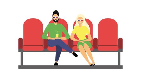 People sitting in the cinema. Spectators in 3D glasses watch a movie. Flat style. Vector illustrationのイラスト素材