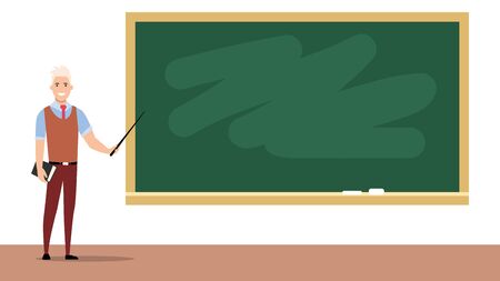 Happy teacher stands near the blackboard. Teaching at an educational institution. Flat style. Vector illustrationのイラスト素材