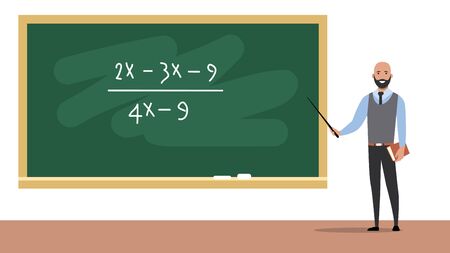 Happy teacher stands near the blackboard. Teaching at an educational institution. Flat style. Vector illustrationのイラスト素材