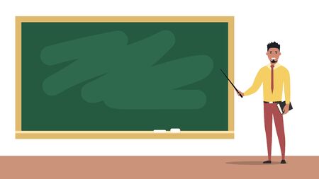 Happy teacher stands near the blackboard. Teaching at an educational institution. Flat style. Vector illustrationのイラスト素材