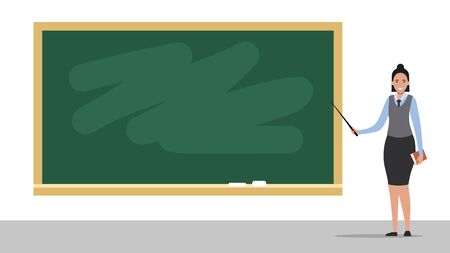 Happy teacher stands near the blackboard. Teaching at an educational institution. Flat style. Vector illustrationのイラスト素材