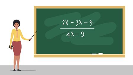 Happy teacher stands near the blackboard. Teaching at an educational institution. Flat style. Vector illustrationのイラスト素材