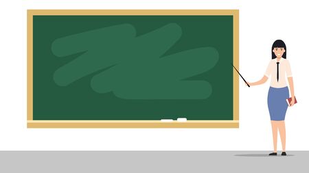 Happy teacher stands near the blackboard. Teaching at an educational institution. Flat style. Vector illustrationのイラスト素材